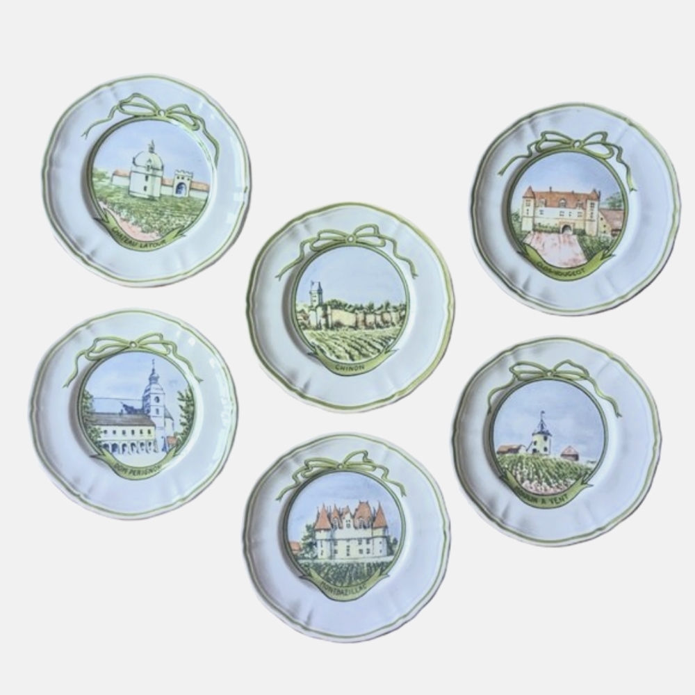 Vintage Longchamp French Country Wine Chateau Cheese Plates 6.25” Set of 6